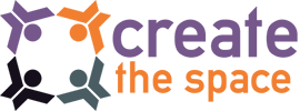 Create the space logo in orange, purple and grey with text